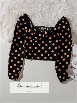 Black Vintage Long Sleeve Bodycon Orange Dot Women top Square Collar Crop top