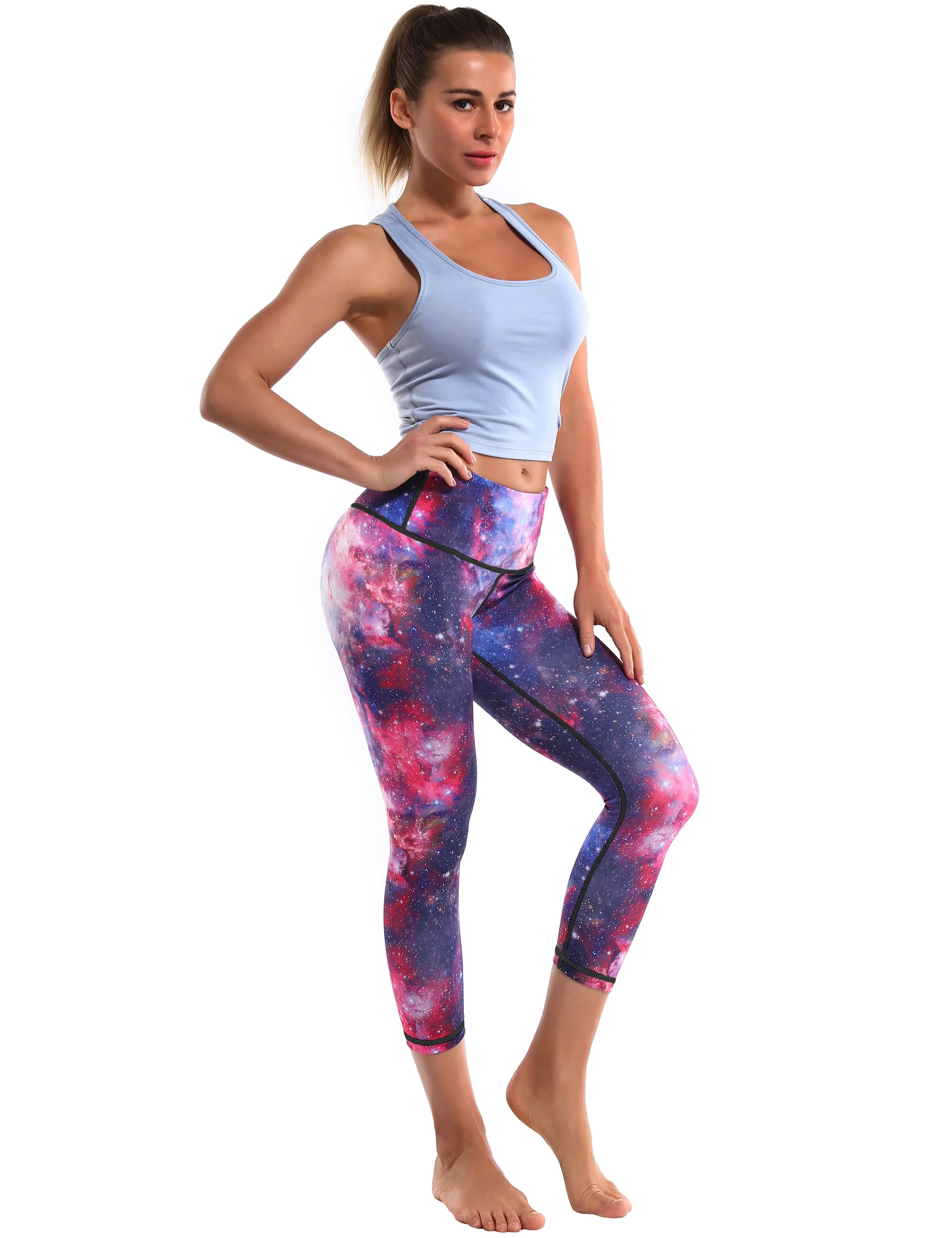 19" High Waist Printed  Crop Tight Capris galaxy