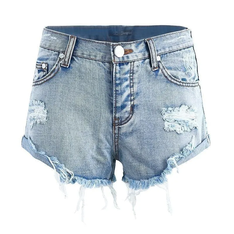 50's Vintage Ripped Hole Fringe Blue Denim Shorts for Women with Pocket