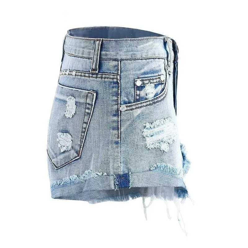 50's Vintage Ripped Hole Fringe Blue Denim Shorts for Women with Pocket