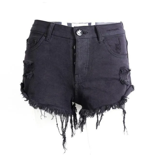 50's Vintage Ripped Hole Fringe Blue Denim Shorts for Women with Pocket