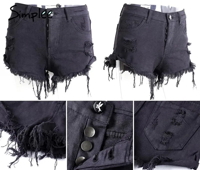 50's Vintage Ripped Hole Fringe Blue Denim Shorts for Women with Pocket