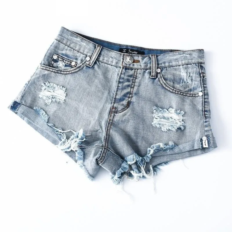 50's Vintage Ripped Hole Fringe Blue Denim Shorts for Women with Pocket