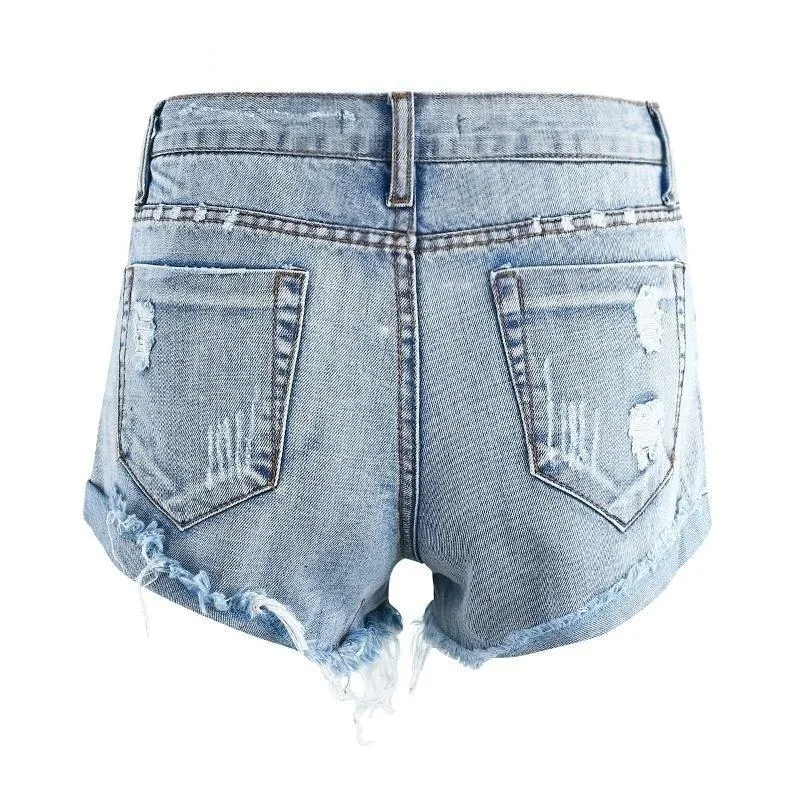 50's Vintage Ripped Hole Fringe Blue Denim Shorts for Women with Pocket