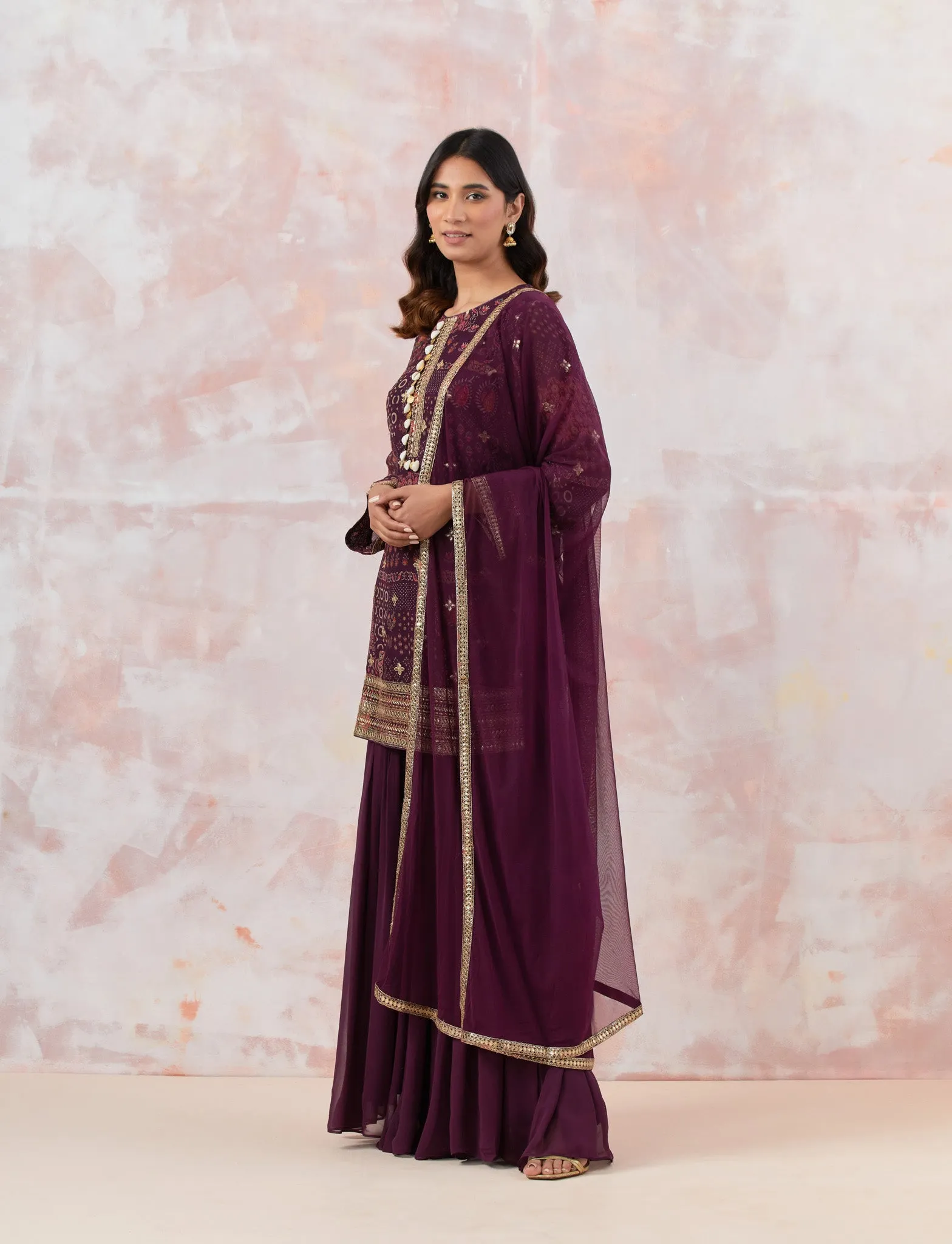 50Z866-RO Wine Stylish Embroidered Sharara Suit Set