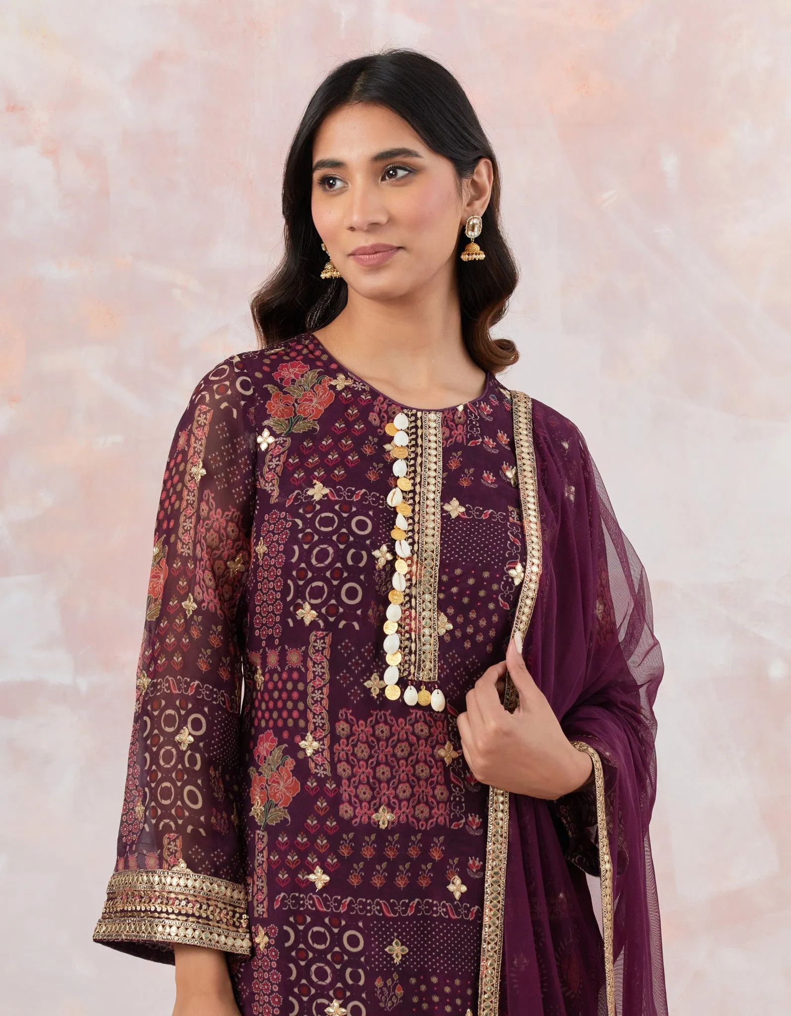 50Z866-RO Wine Stylish Embroidered Sharara Suit Set