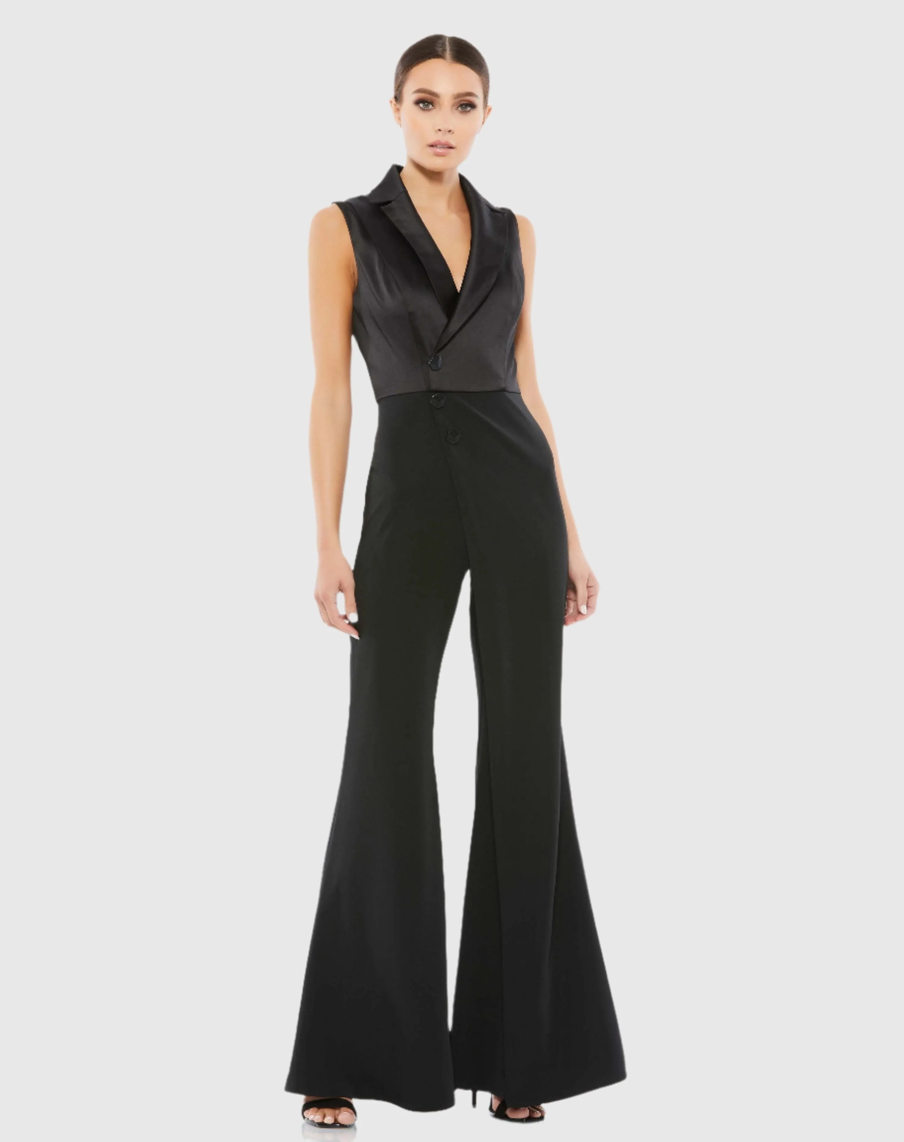 Asymmetrical Sleeveless Faux Tuxedo Jumpsuit