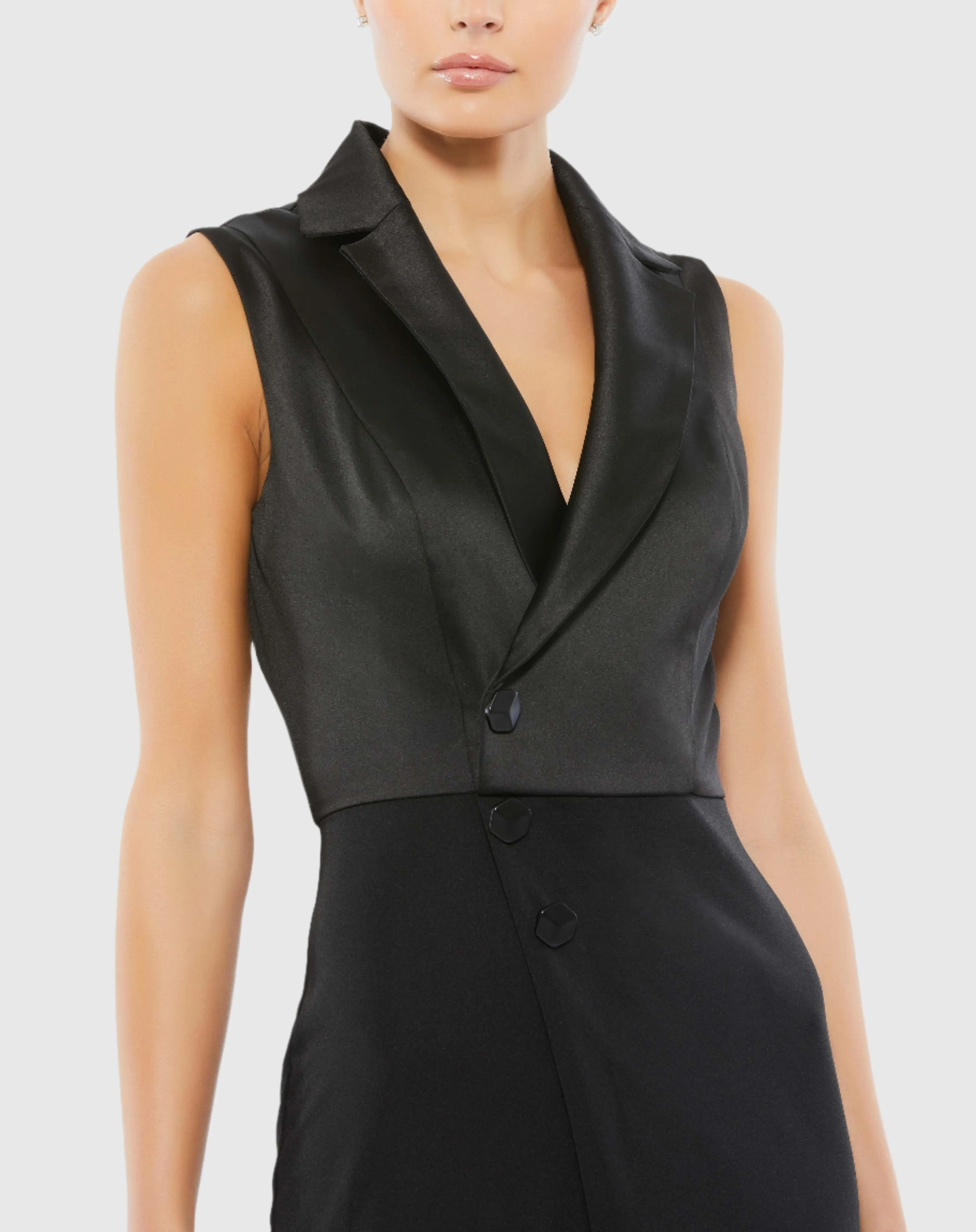 Asymmetrical Sleeveless Faux Tuxedo Jumpsuit