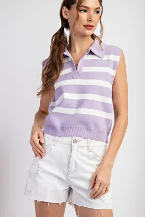 Collared Neckline Striped Sleeveless Top