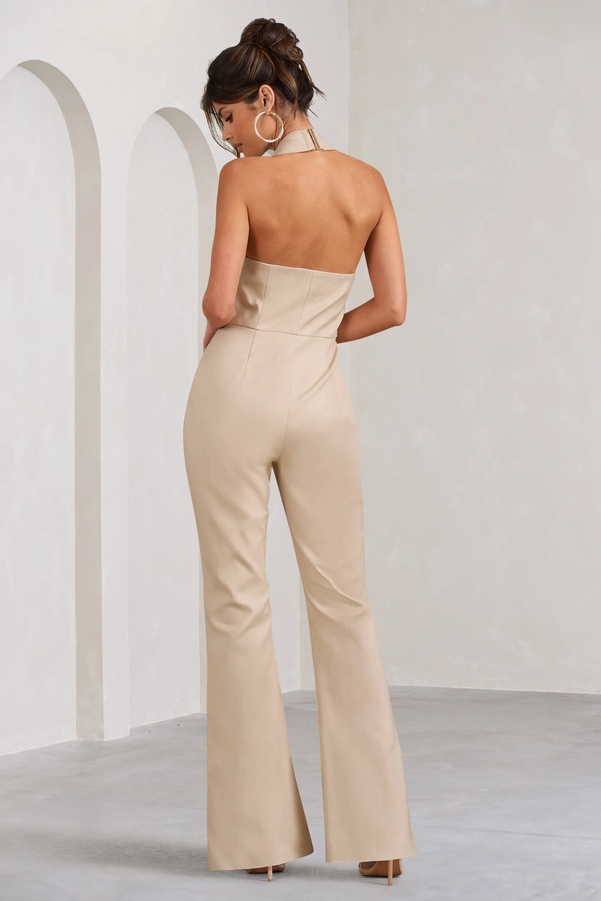 Don't Cross Me | Stone Halter Neck Tailored Buttoned Sleeveless Jumpsuit