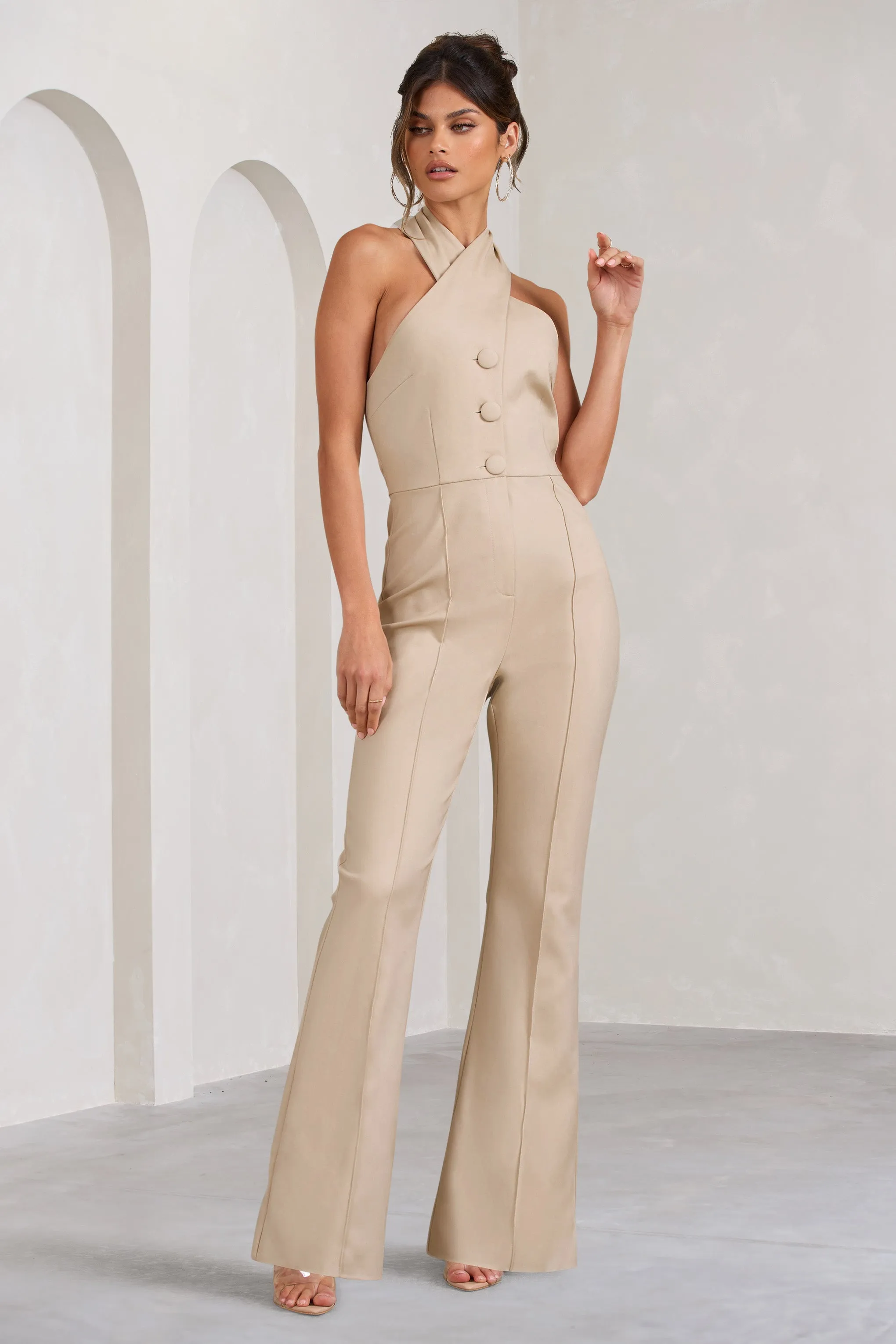 Don't Cross Me | Stone Halter Neck Tailored Buttoned Sleeveless Jumpsuit