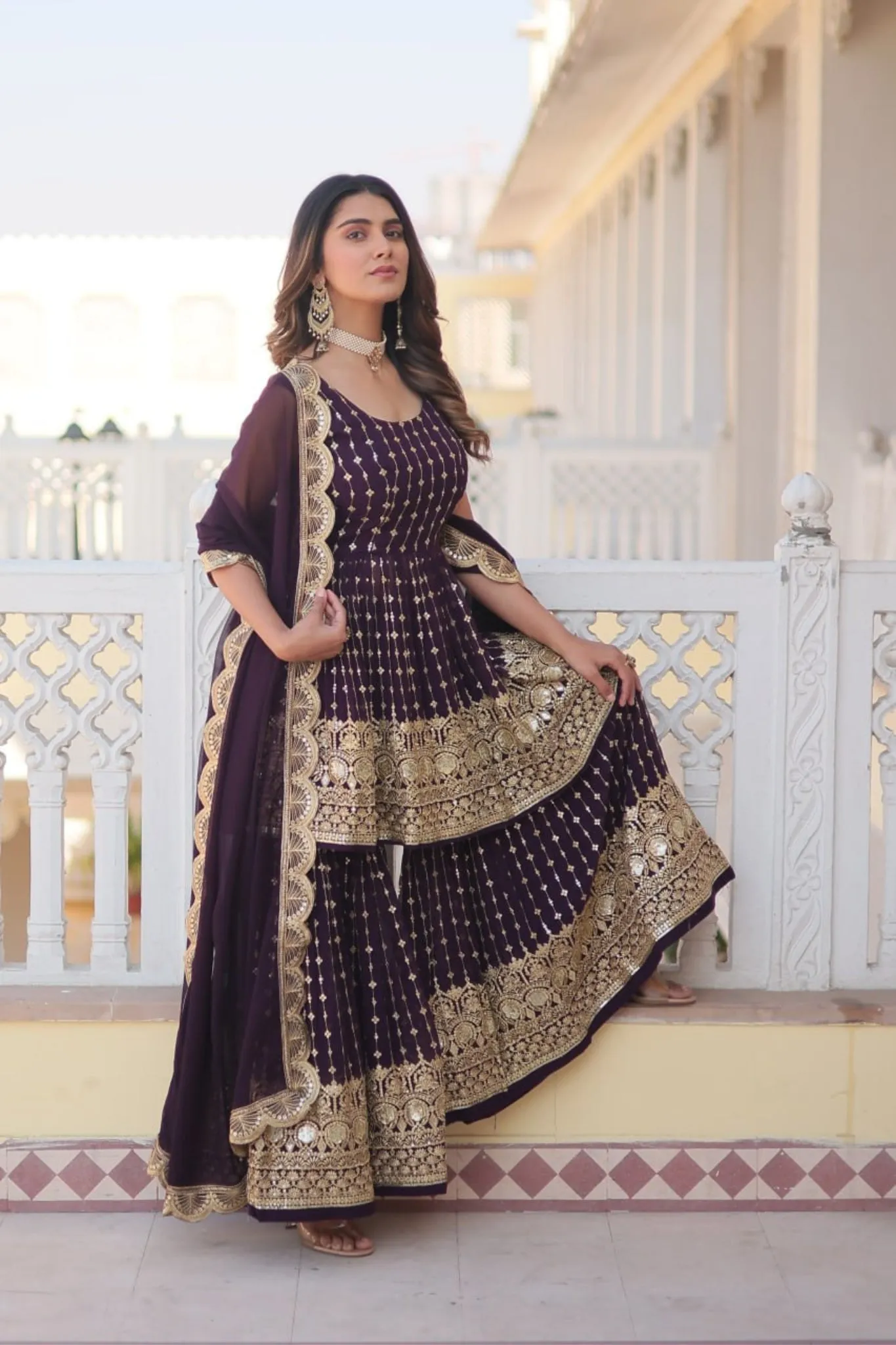 Elevate Stylish Premium Designer Kurti-Gharara With Dupatta Set