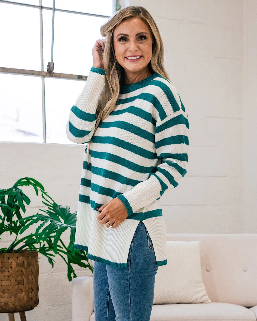 Este Teal Striped Sweater