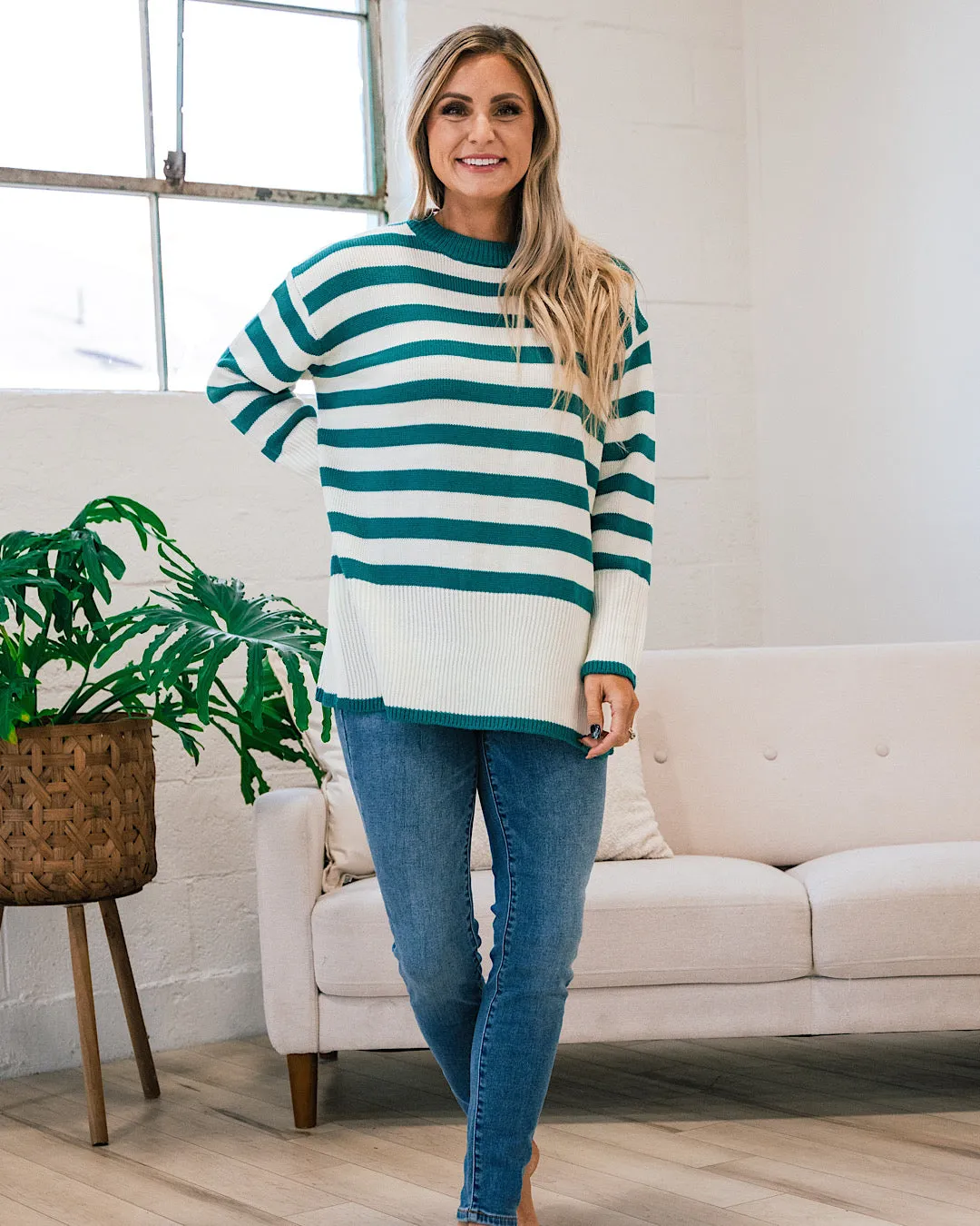 Este Teal Striped Sweater