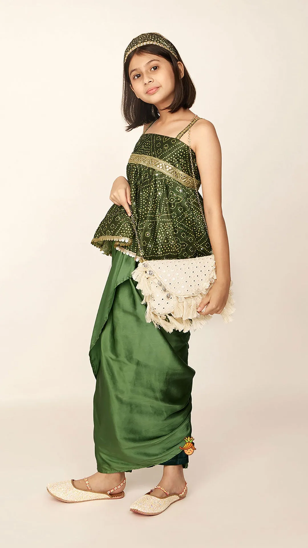 Faux Mirror Work Mehendi Green Top And Stylish Dhoti Skirt With Matching Hair Band