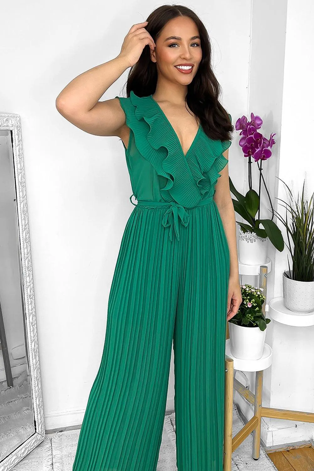 Frilled Front Sleeveless Chiffon Jumpsuit