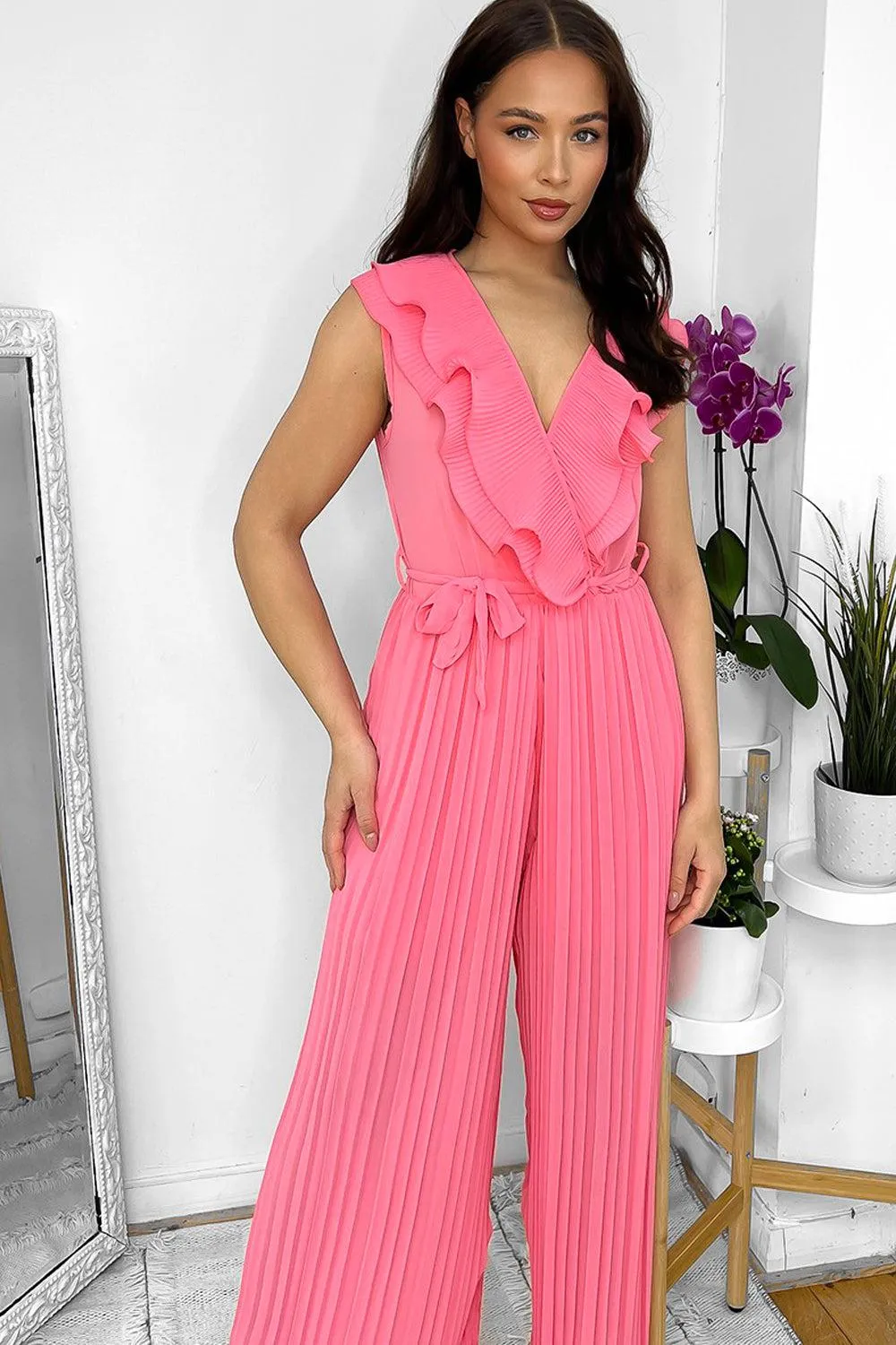 Frilled Front Sleeveless Chiffon Jumpsuit