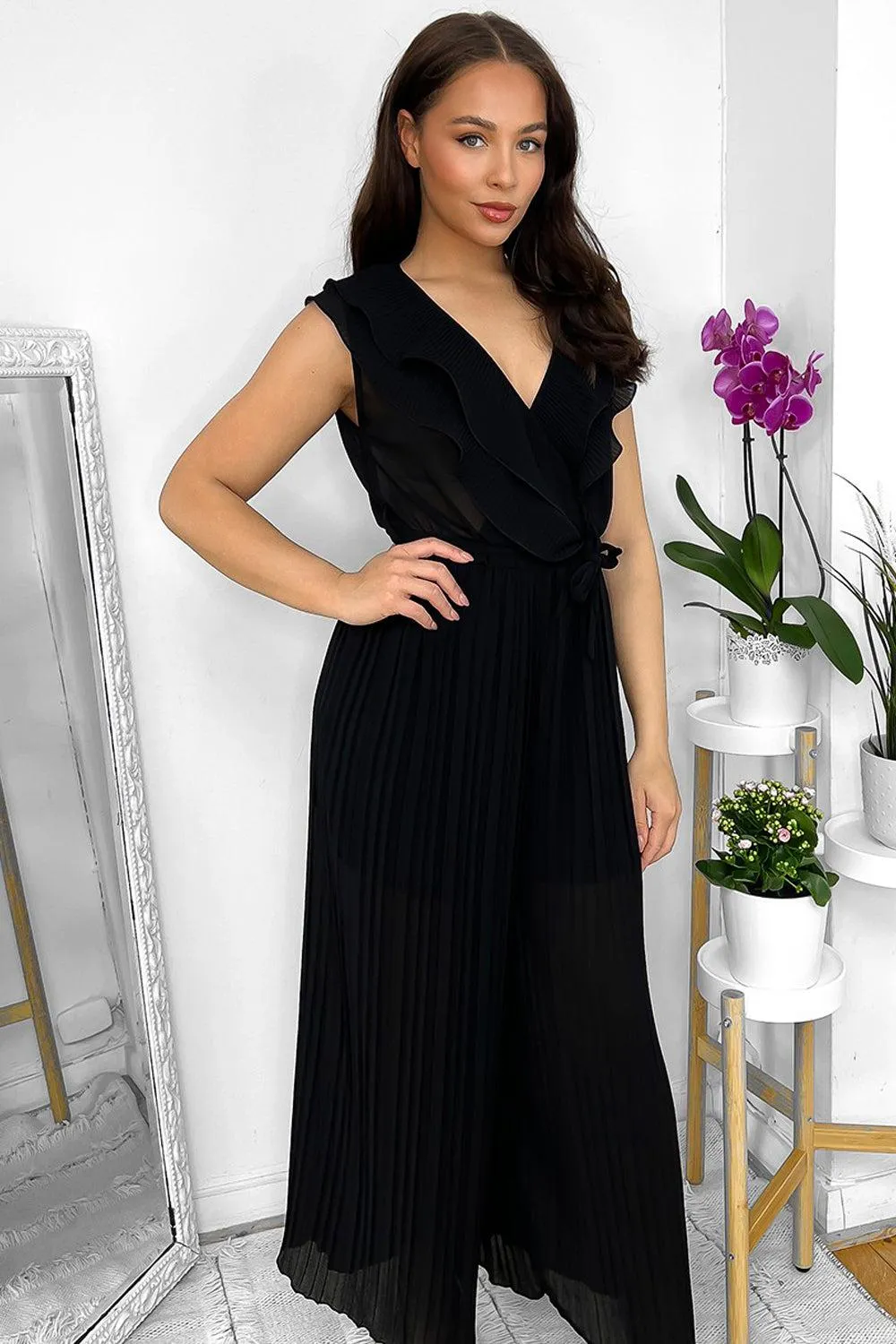 Frilled Front Sleeveless Chiffon Jumpsuit