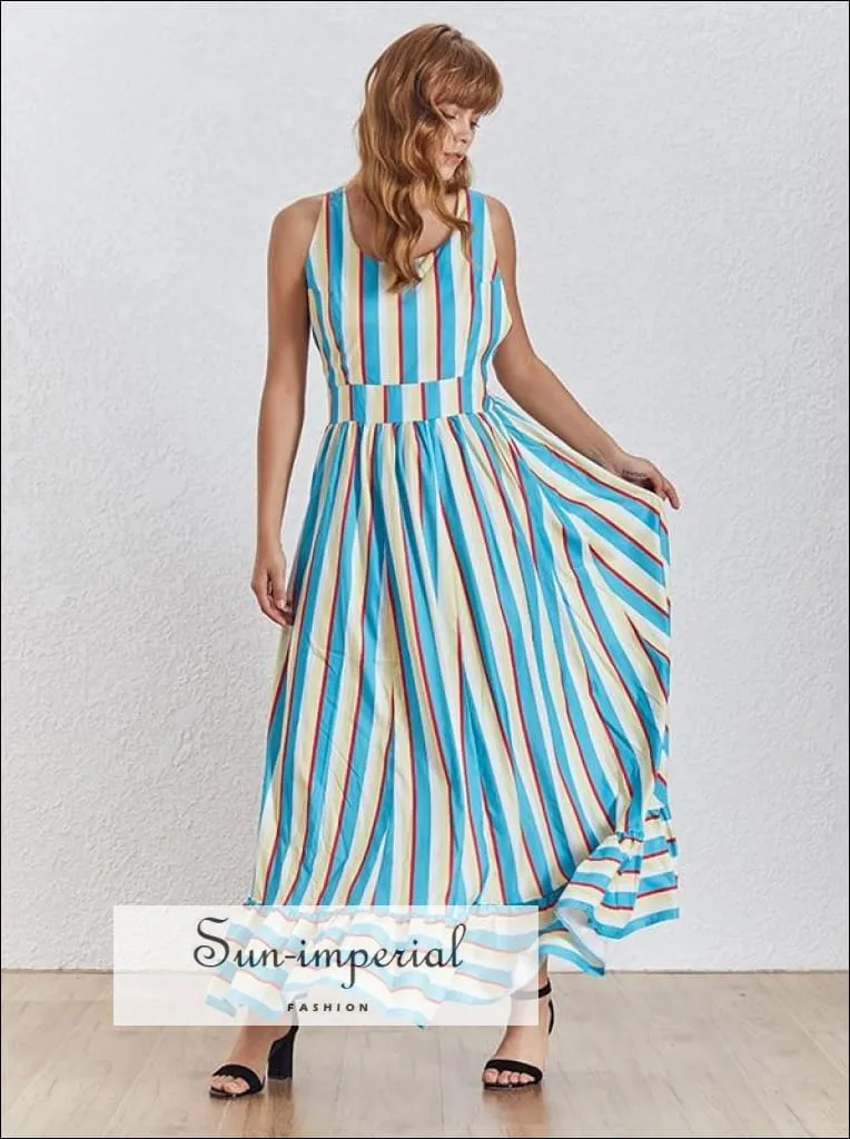 Ivy Dress- Striped Maxi Dress Color Block Backless X Strap Sleeveless High Waist A-line Dress