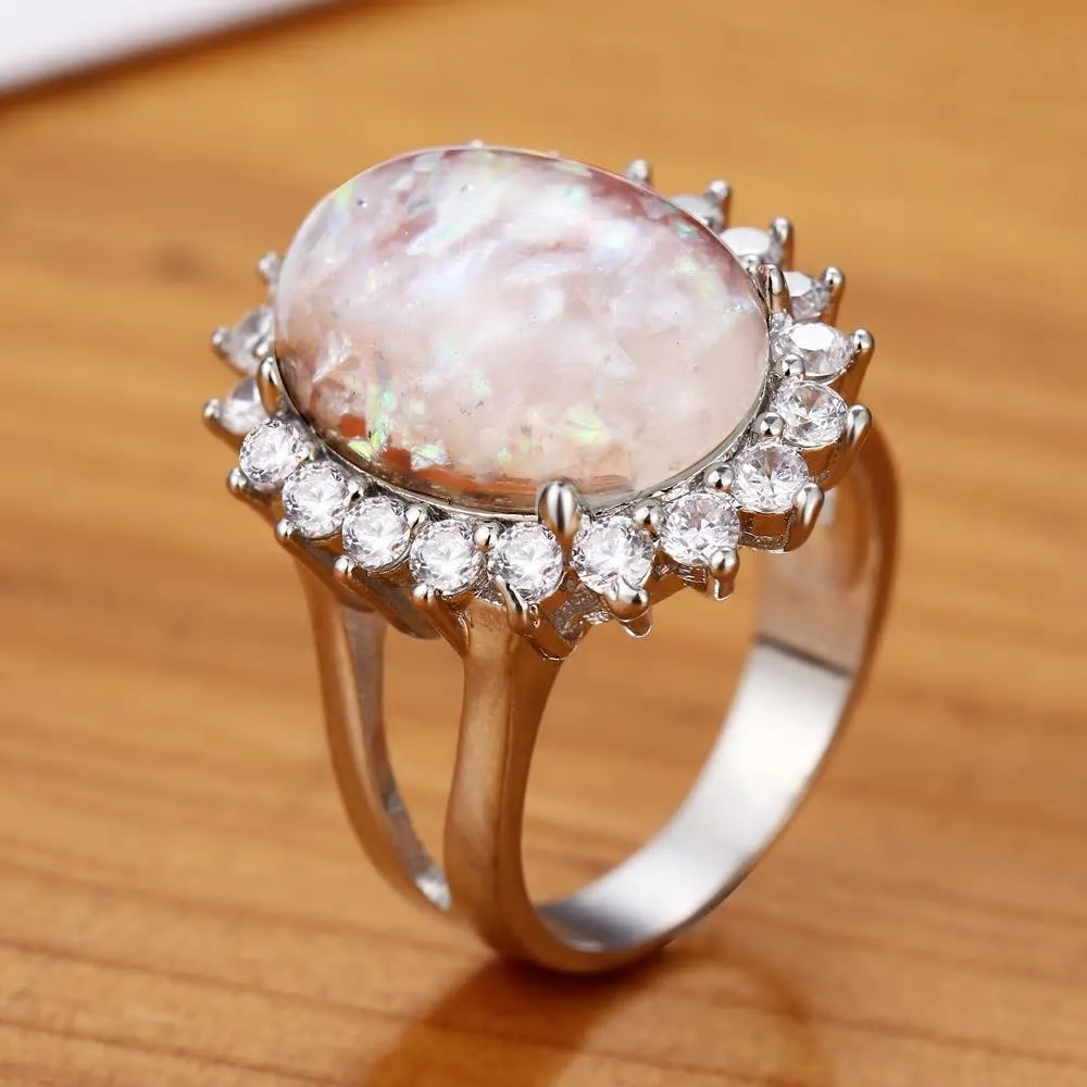 Natural Opal Stone Crystal Silver Color Stylish Ring