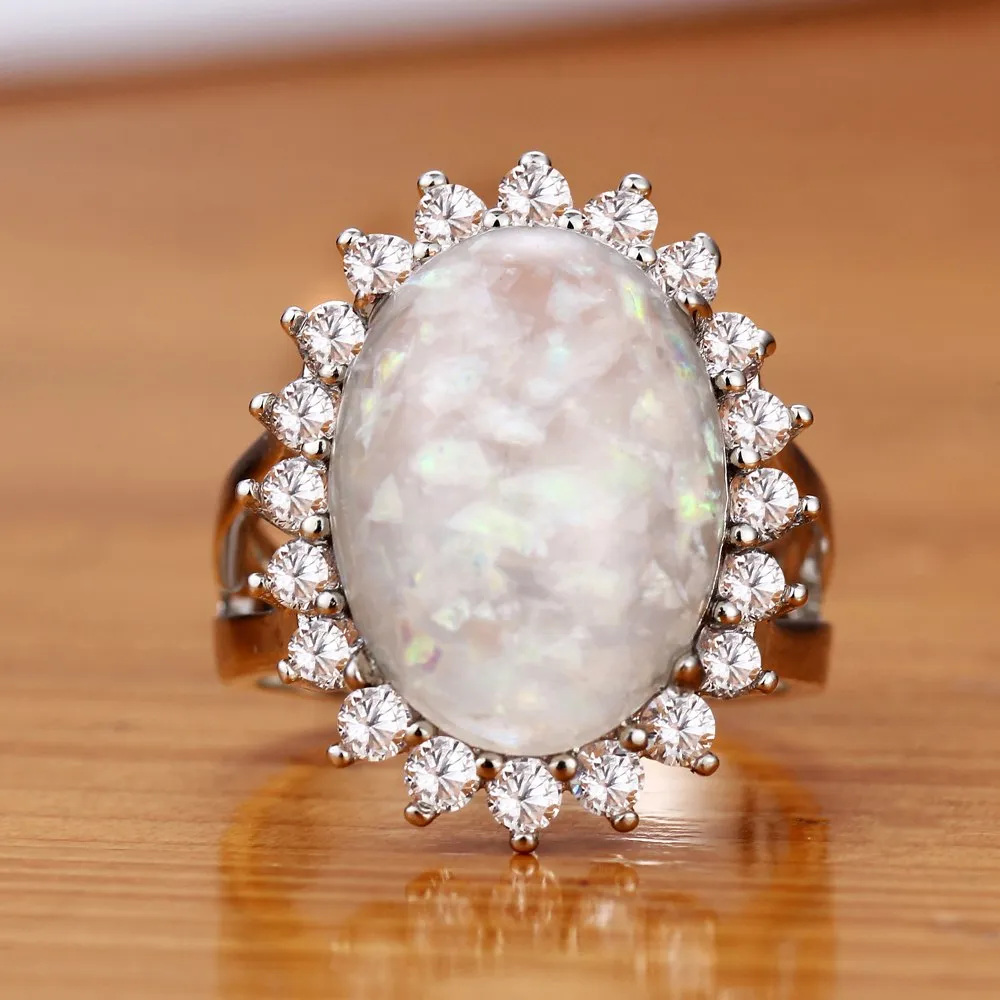 Natural Opal Stone Crystal Silver Color Stylish Ring