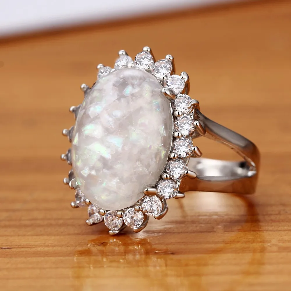 Natural Opal Stone Crystal Silver Color Stylish Ring