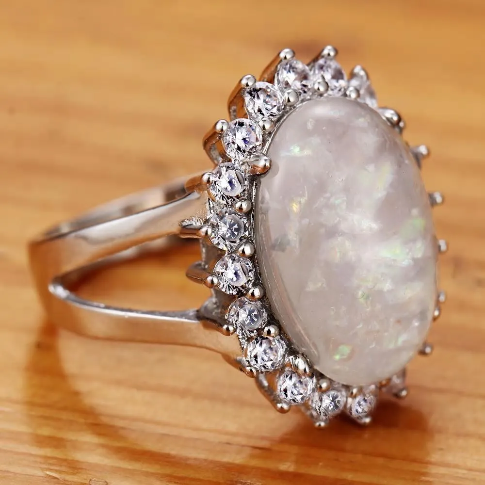 Natural Opal Stone Crystal Silver Color Stylish Ring