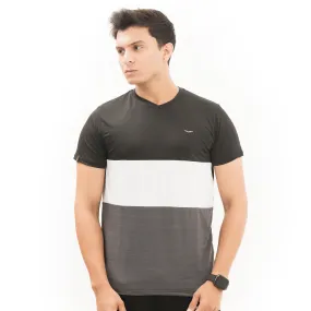 Panel Striped V-Neck-Black