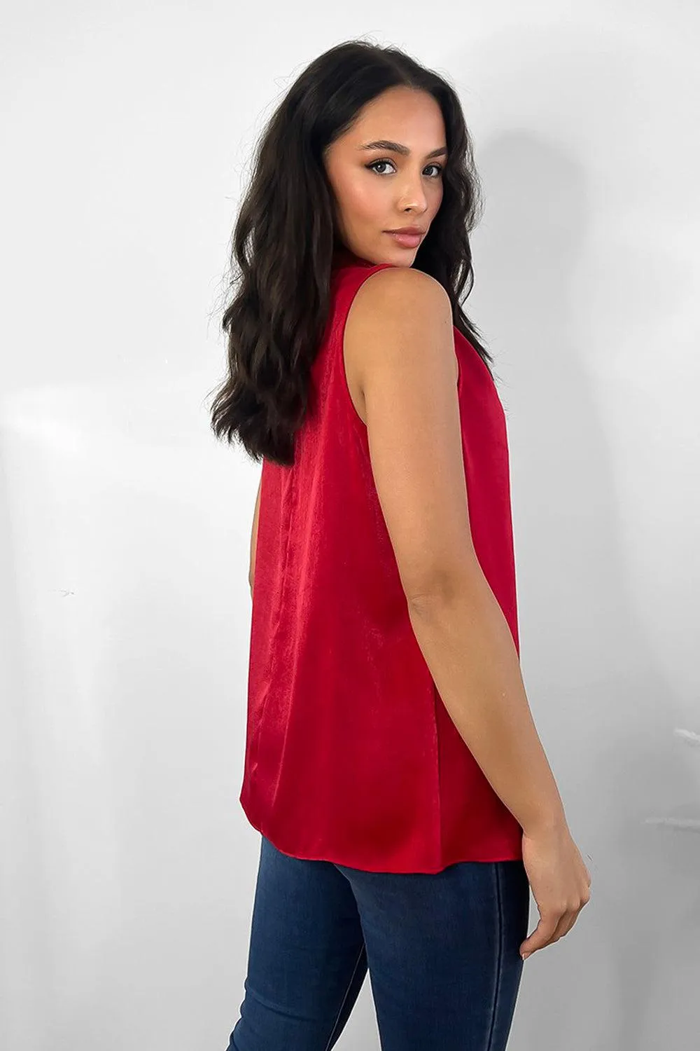 Satin High Neck Sleeveless Blouse