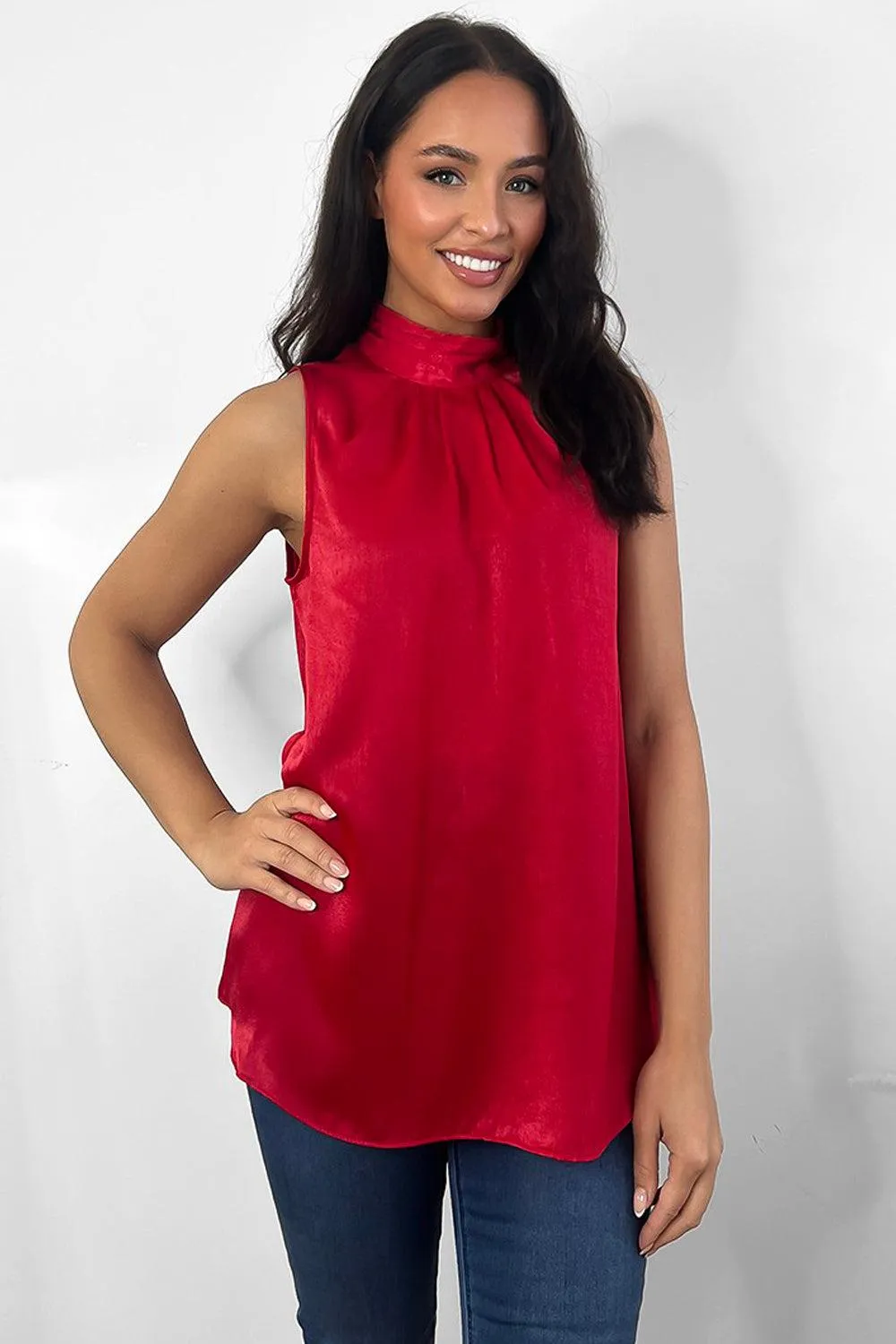 Satin High Neck Sleeveless Blouse