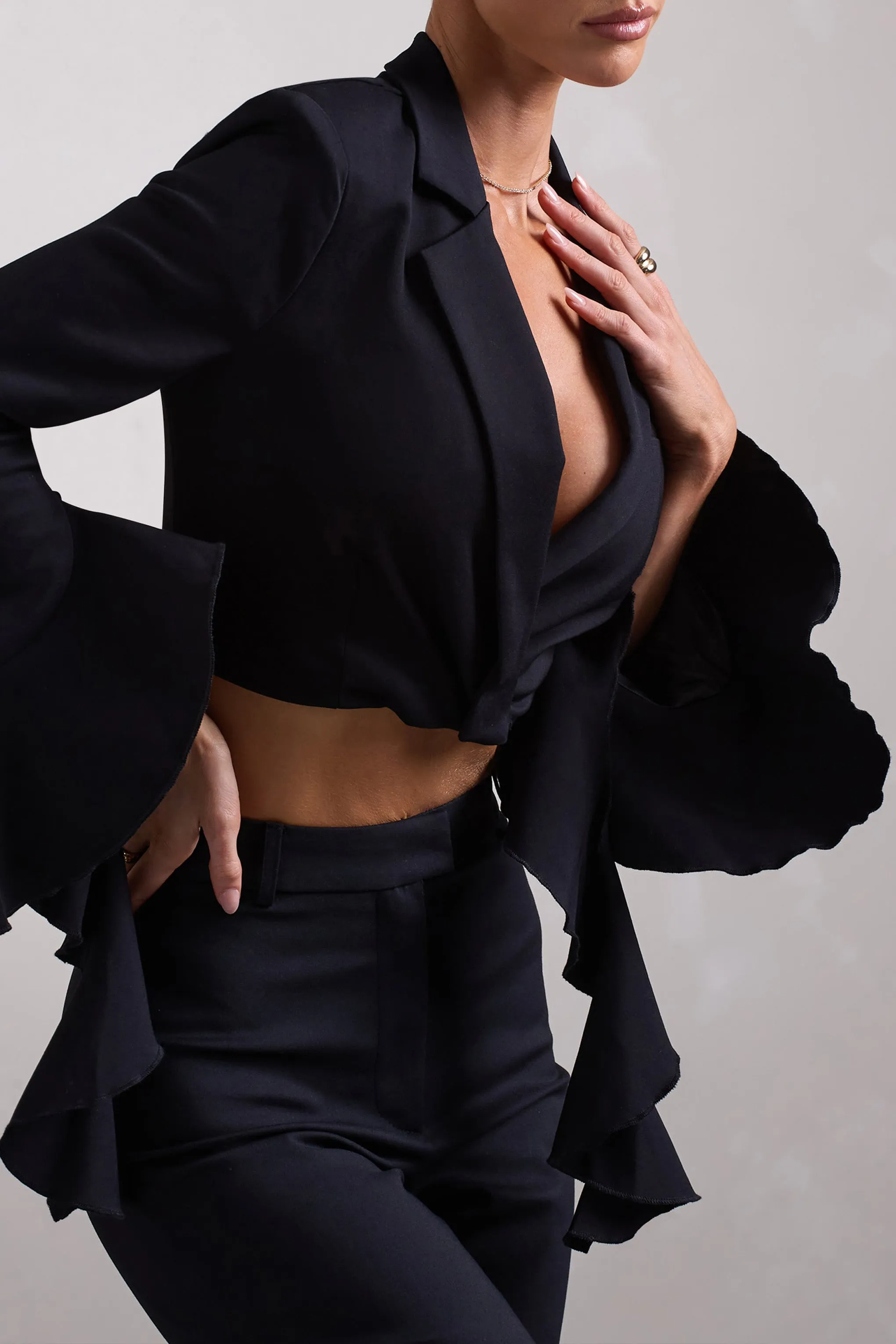 Sophie | Black Cotton-Blend Tailored Cropped Blazer With Ruffled Cuffs