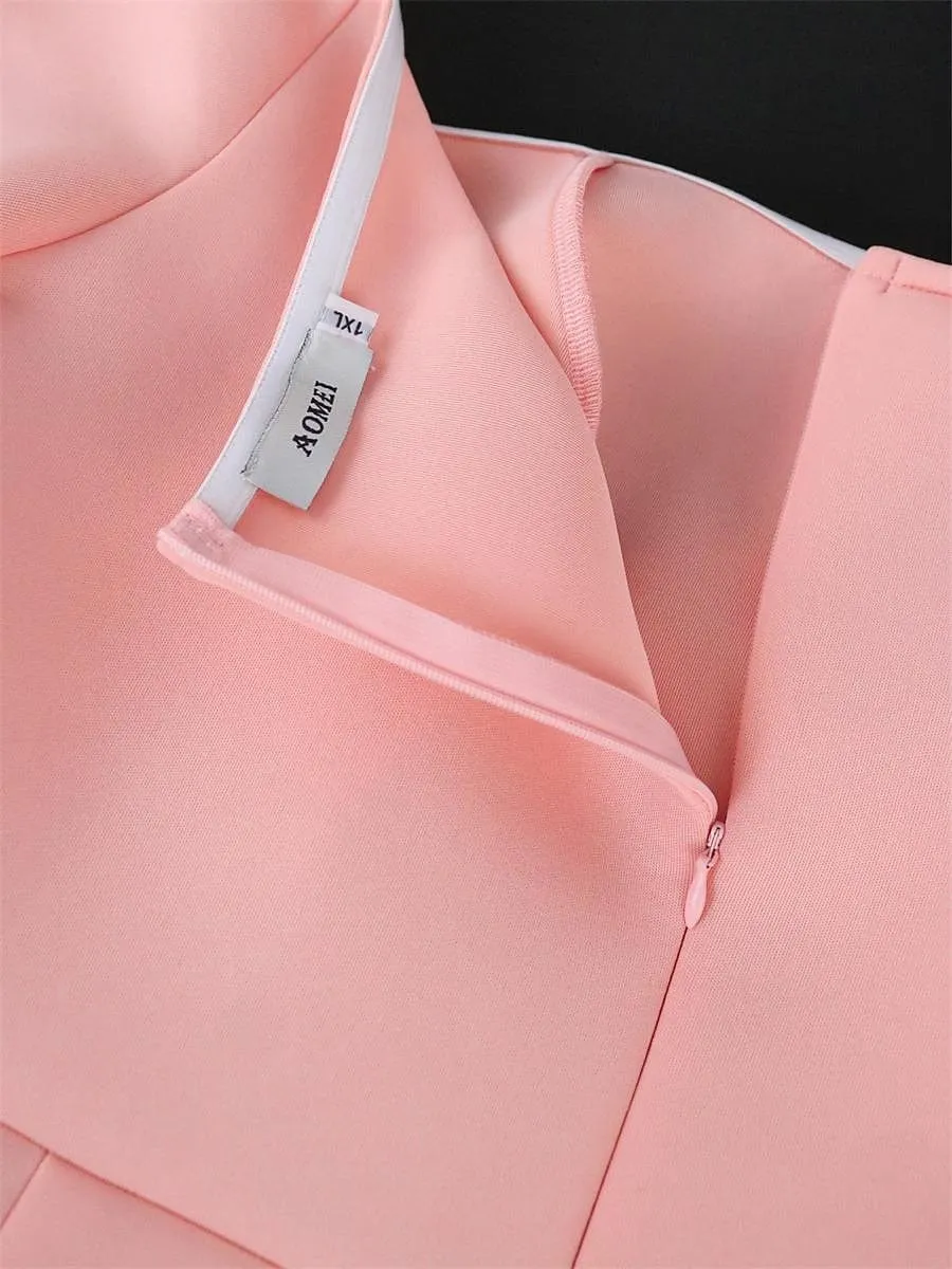 Stylish Pink Plus Size Midi Dress with Off-Shoulder Long Sleeve