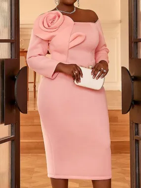 Stylish Pink Plus Size Midi Dress with Off-Shoulder Long Sleeve