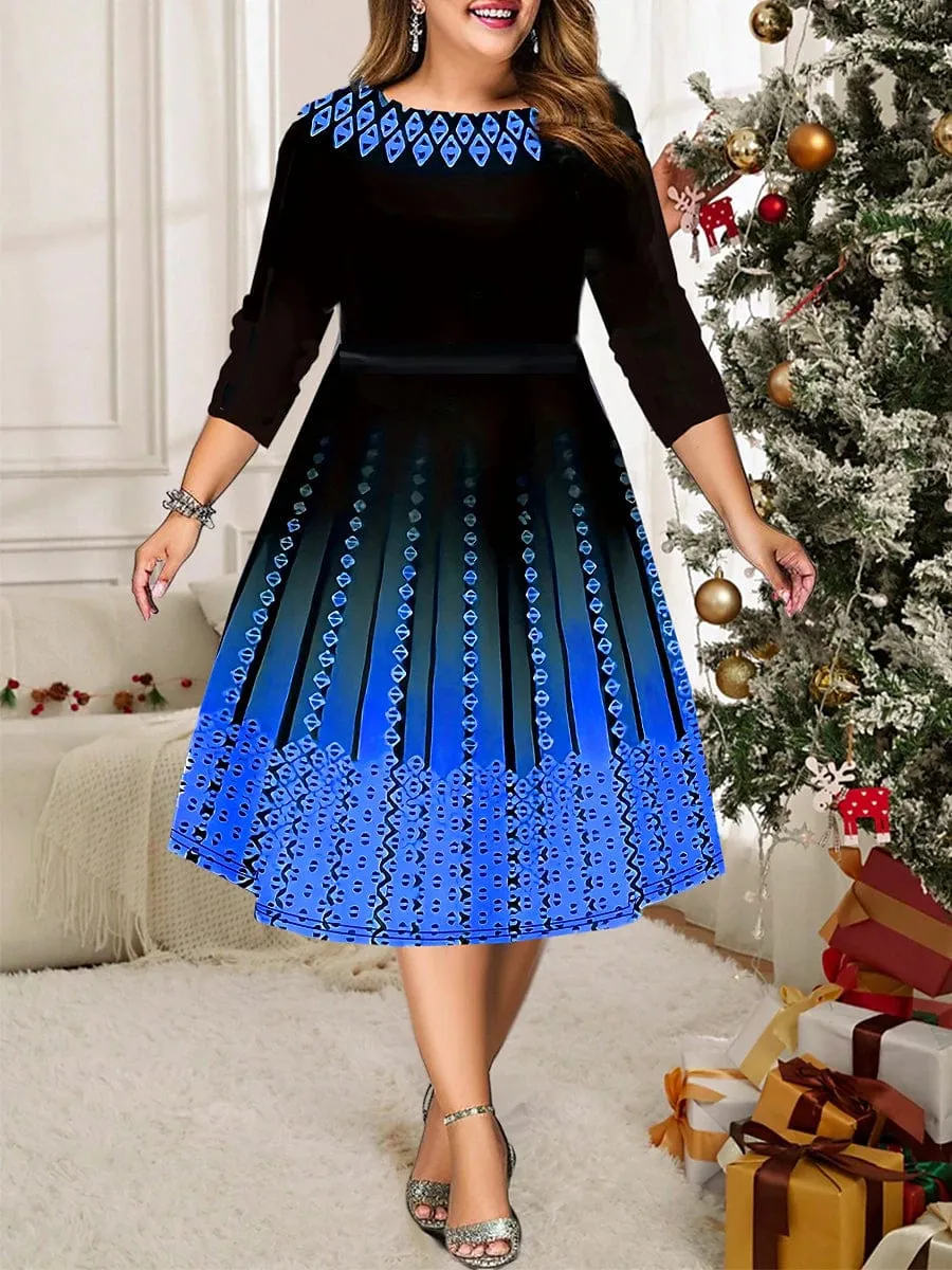 Stylish Plus Size Geometric Print Midi Dress for Winter Parties