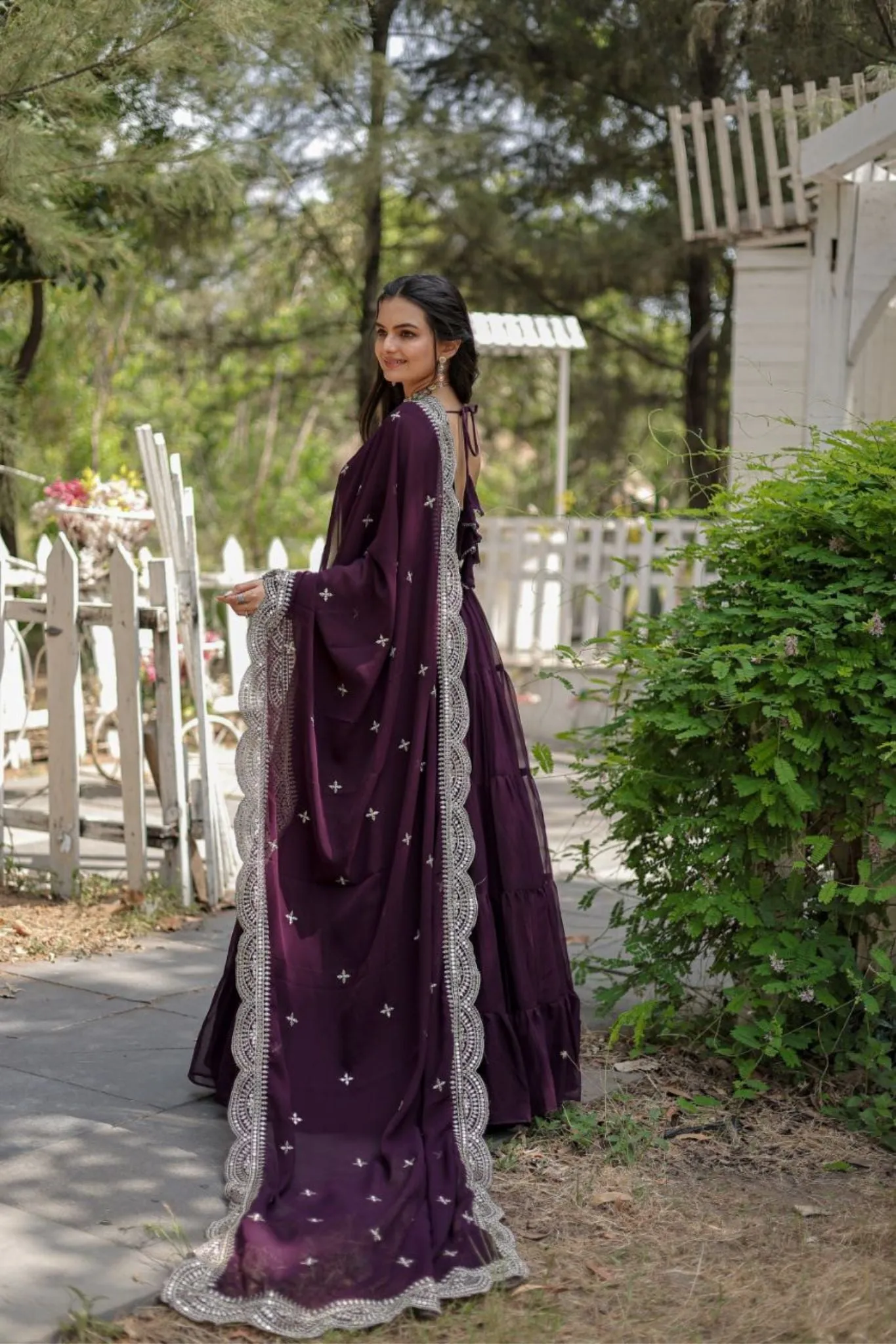 Stylish Women Tiered Gown With Dupatta Set