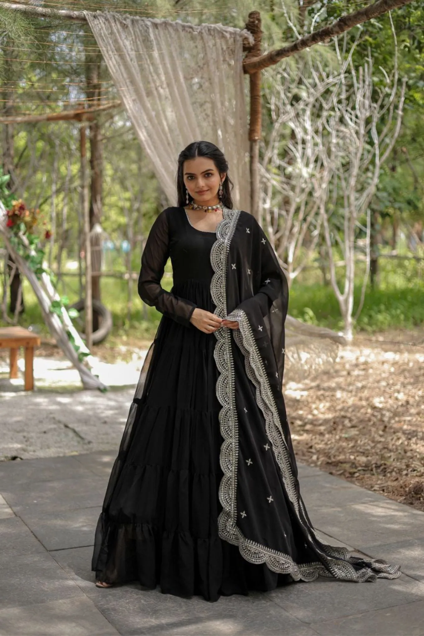 Stylish Women Tiered Gown With Dupatta Set