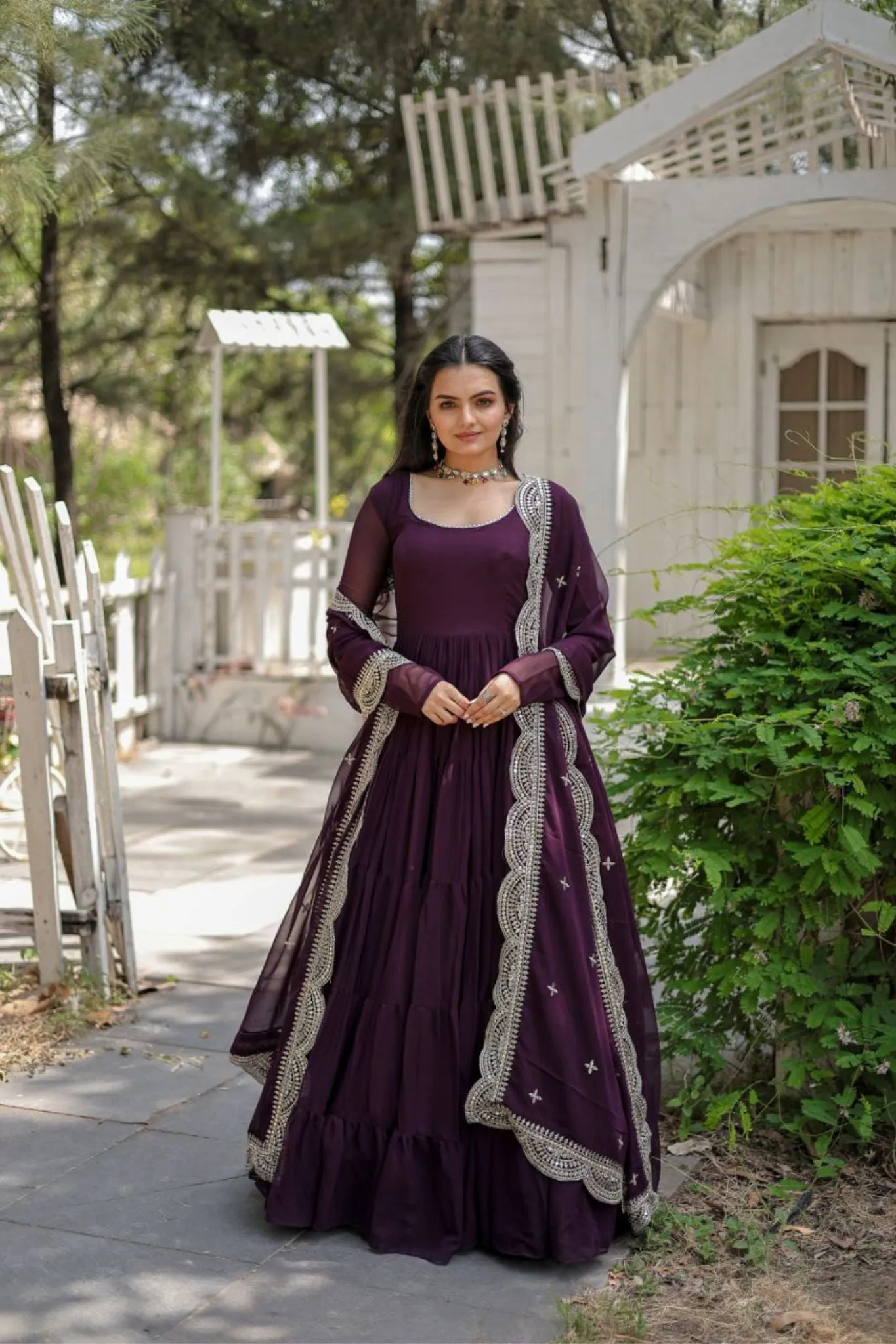 Stylish Women Tiered Gown With Dupatta Set