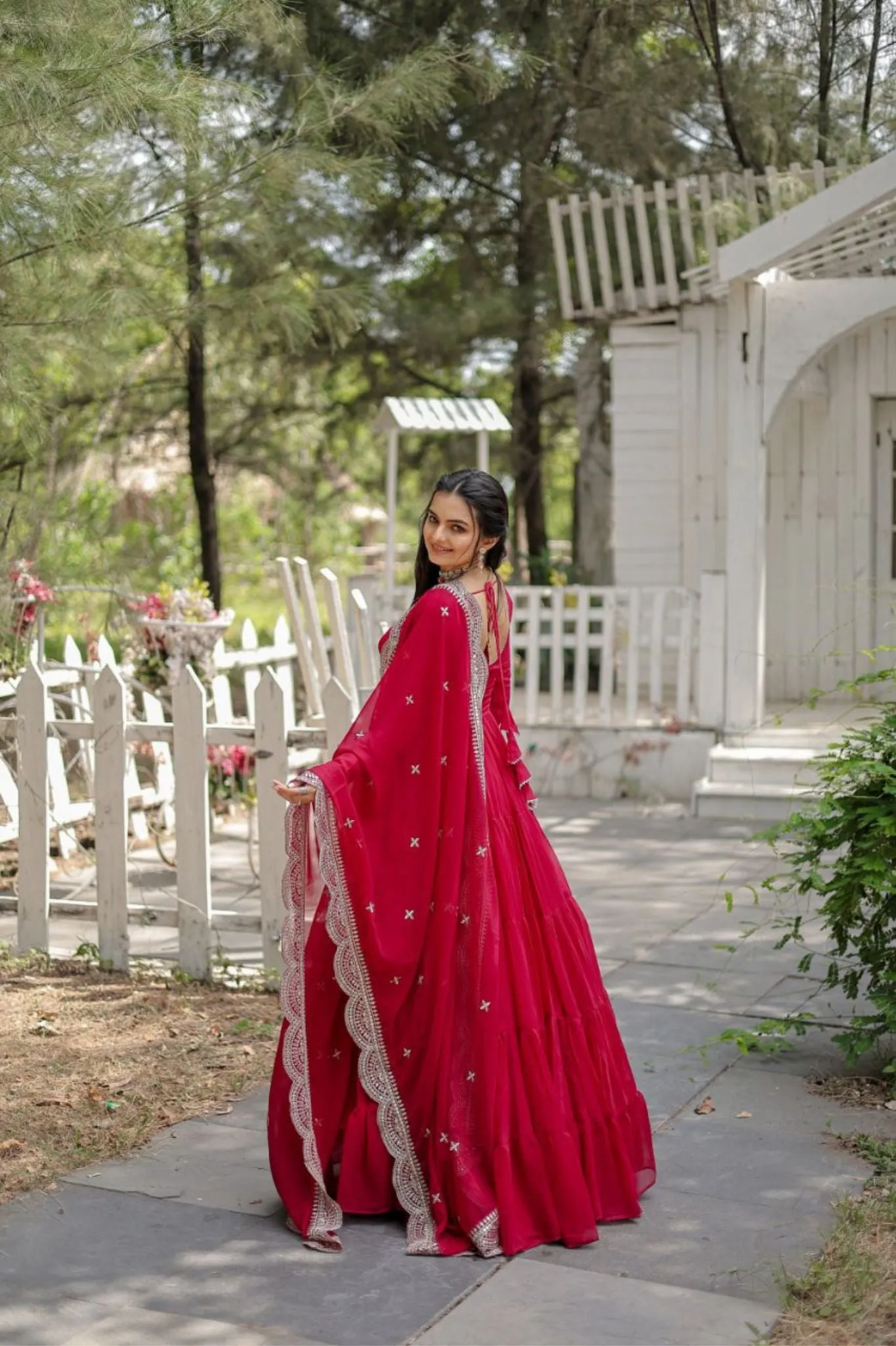 Stylish Women Tiered Gown With Dupatta Set