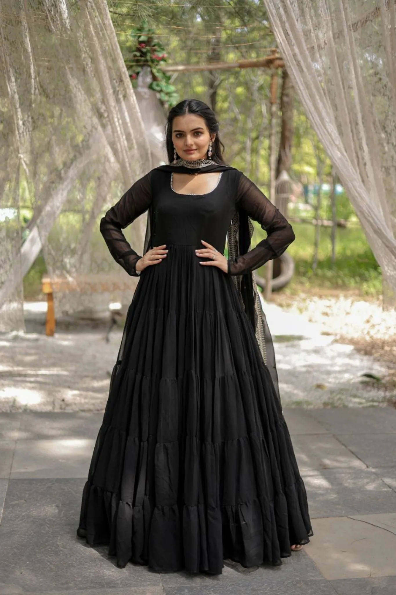 Stylish Women Tiered Gown With Dupatta Set