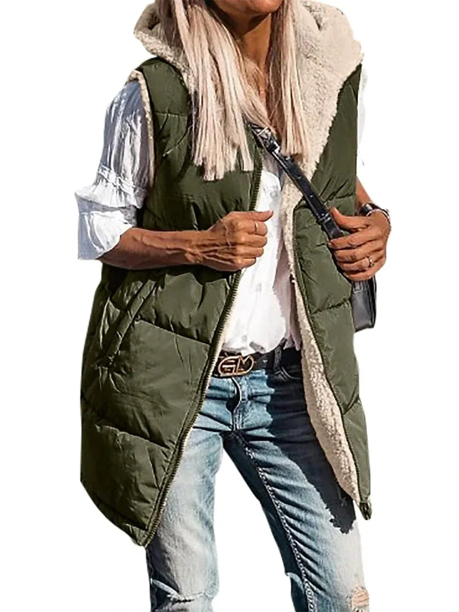 Stylish Women's Long Winter Puffer Vest with Reversible Fleece and Hood