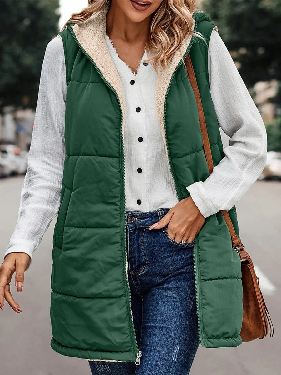 Stylish Women's Long Winter Puffer Vest with Reversible Fleece and Hood