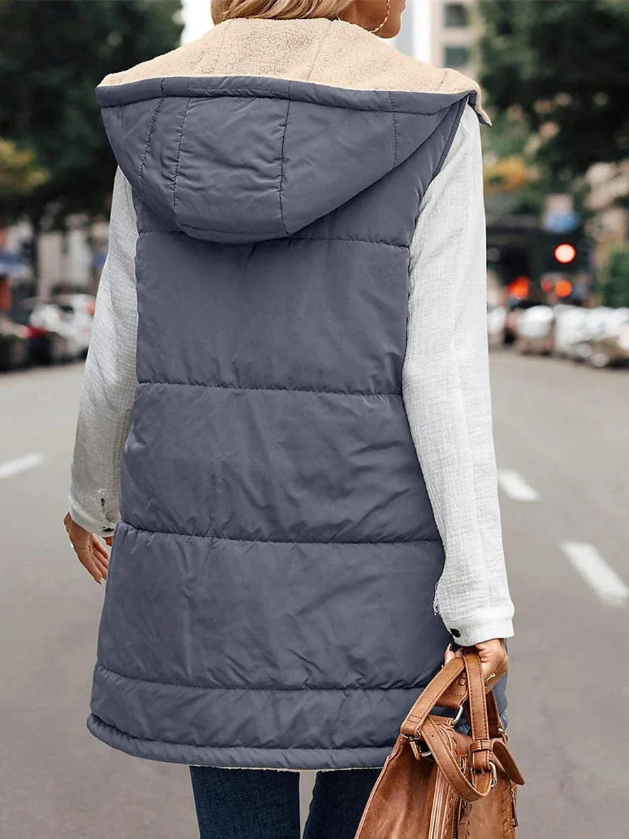 Stylish Women's Long Winter Puffer Vest with Reversible Fleece and Hood