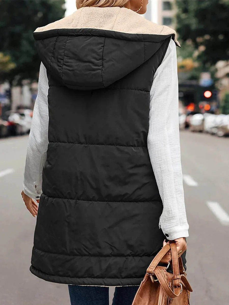 Stylish Women's Long Winter Puffer Vest with Reversible Fleece and Hood