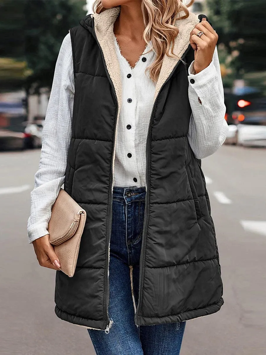 Stylish Women's Long Winter Puffer Vest with Reversible Fleece and Hood