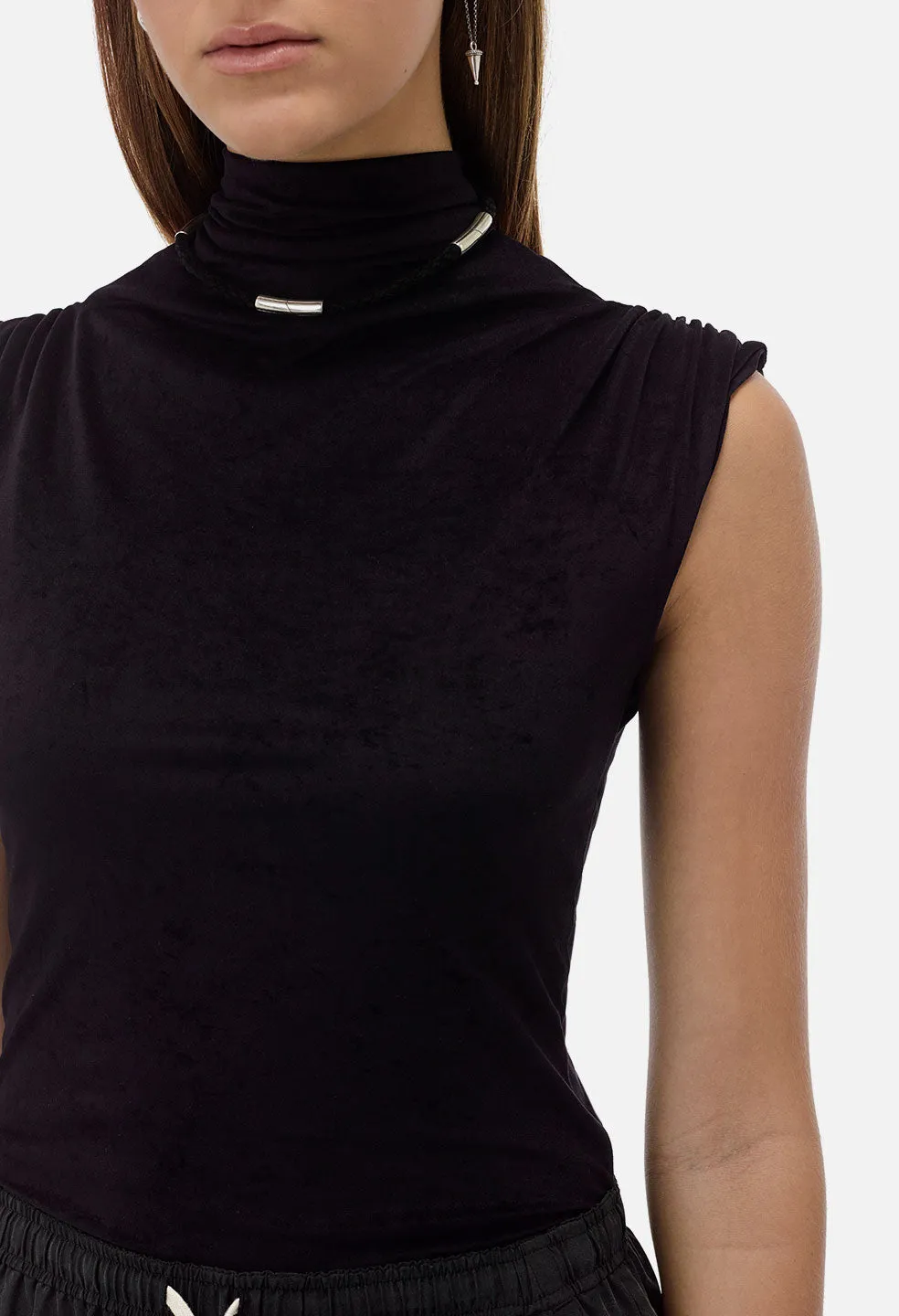 Velvet Jersey Sleeveless Turtleneck / Black