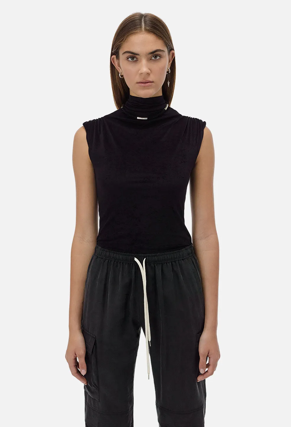 Velvet Jersey Sleeveless Turtleneck / Black