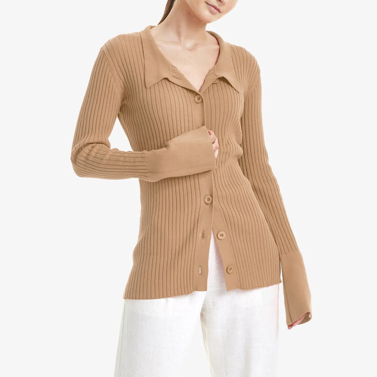 W RIB KNIT POLO CARDI TAWNY